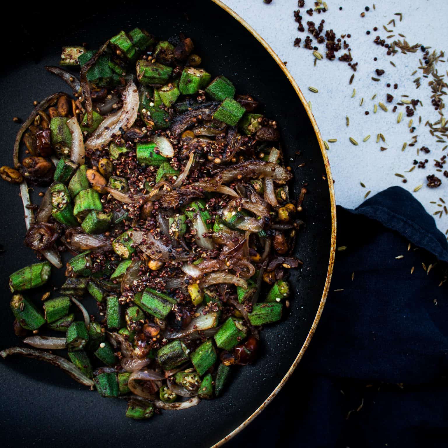 Spiced Okra with Dates, Pistachios, & Toasted Quinoa KateCooks