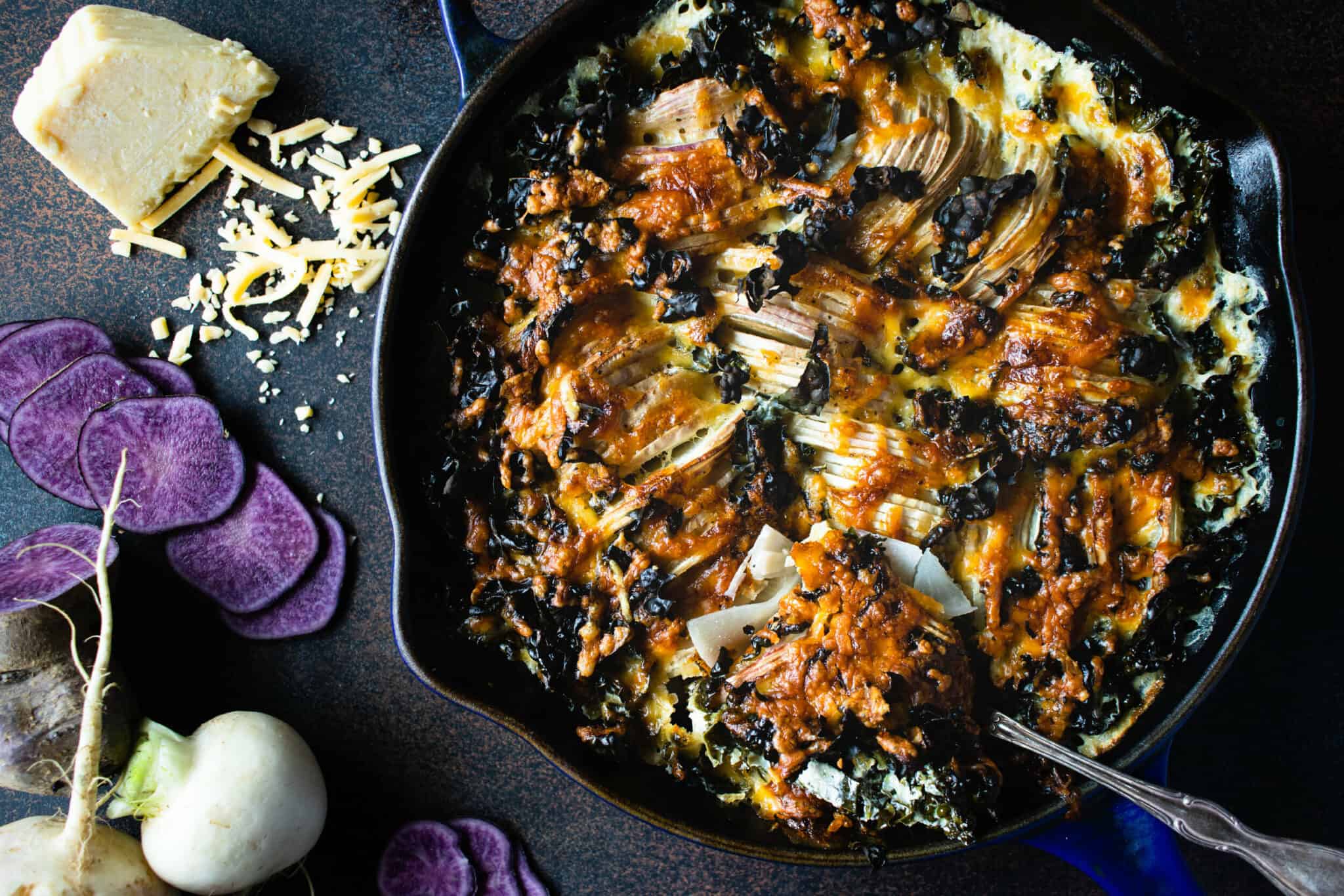 Turnip & Potato Gratin with Greens & Gruyere KateCooks