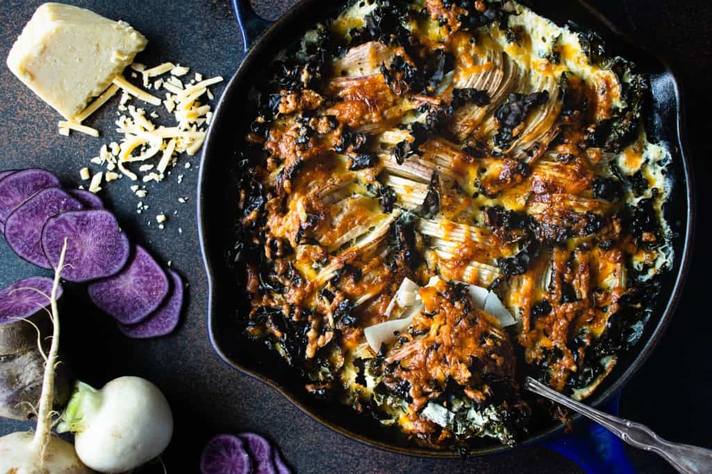 Turnip & Potato Gratin with Greens & Gruyere KateCooks
