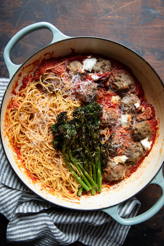 Super Easy Meatballs & Spaghetti with Goat Cheese & Blistered Broccolini